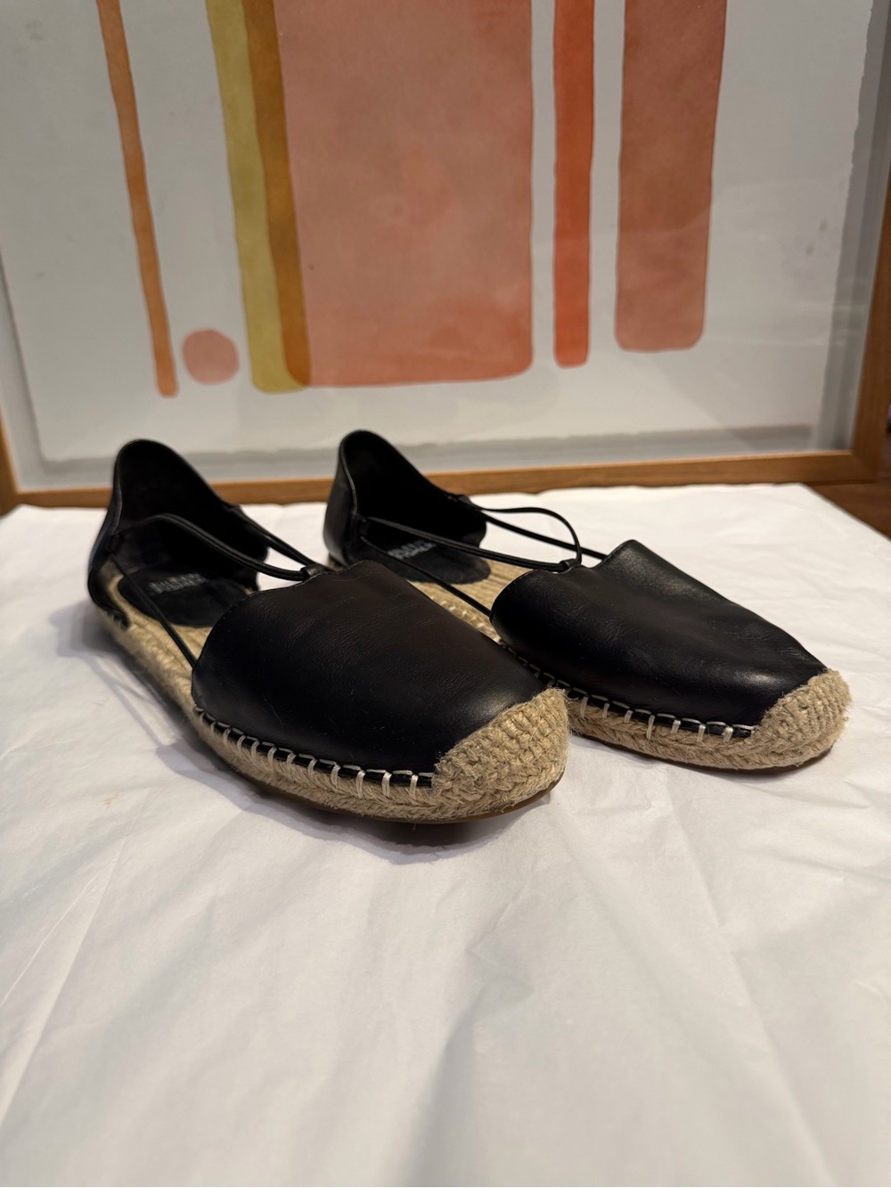 Eileen Fisher Lee Black Leather D'Orsay Espadrille Flats Elastic Strap Size 9